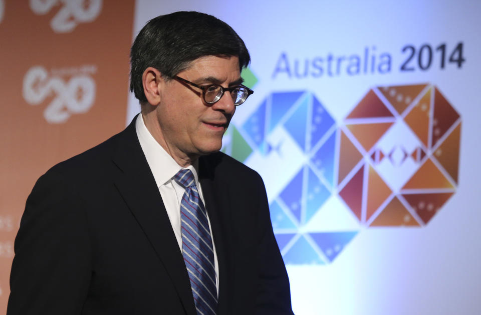 U.S. Secretary of the Treasury Jack Lew arrives at a press conference where he delivered a closing statement to the media at the G-20 Finance Ministers and Central Bank Governors meeting in Sydney, Australia, Sunday, Feb. 23, 2014.(AP Photo/Rob Griffith)