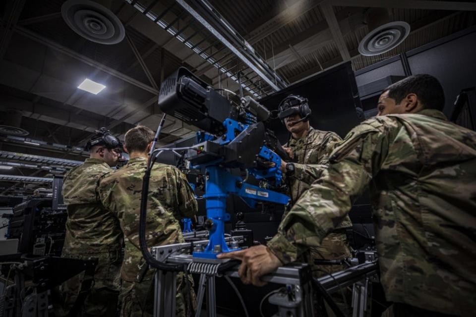 U.S. Army Soldiers with the New Jersey National Guard’s D Company, 1-114th Infantry Regiment (Air Assault) train with a heavy weapons simulator at the Observer Coach/Trainer Operations Group Regional Battle Simulation Training Center on Joint Base McGuire-Dix-Lakehurst, N.J., Feb. 8, 2020.