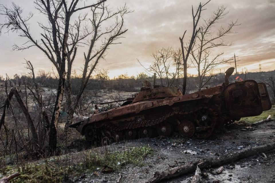 This photograph taken on December 20, 2022, shows a destroyed BMP armoured vehicle in the village of Bohorodychne, eastern Ukraine.