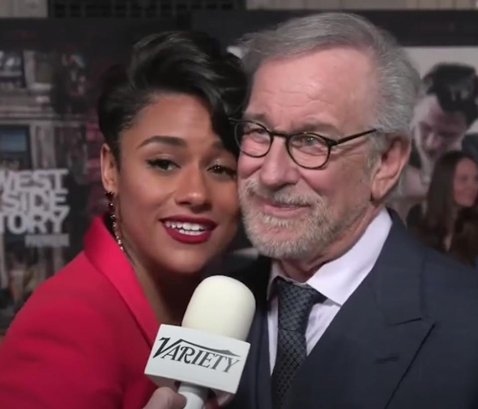 Ariana DeBose and Steven Spielberg are interviewed at the premiere of "West Side Story"