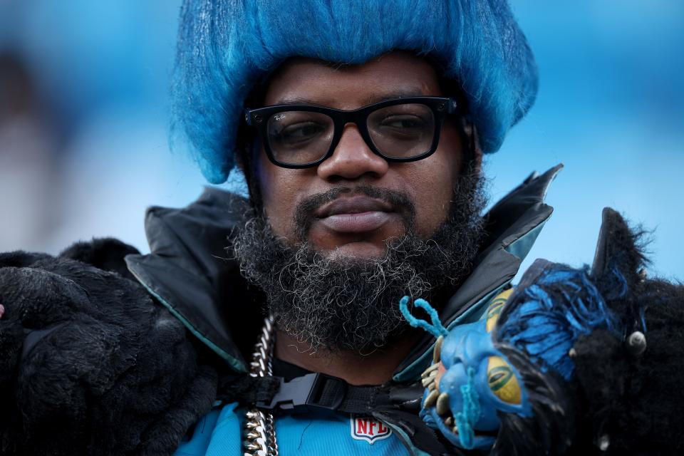 CHARLOTTE, NORTH CAROLINA - SEPTEMBER 18: A Carolina Panthers fan looks on prior to the game between the New Orleans Saints and the Carolina Panthers at Bank of America Stadium on September 18, 2023 in Charlotte, North Carolina. (Photo by Jared C. Tilton/Getty Images)