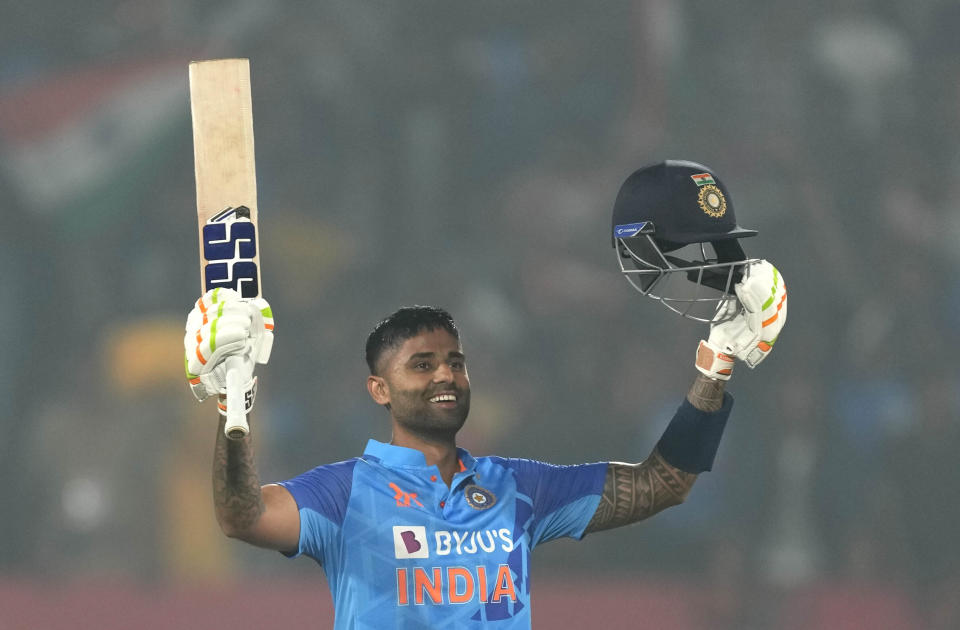 India's Suryakumar Yadav celebrates after scoring a century during the third Twenty20 cricket match between India and Sri Lanka in Rajkot, India, Saturday, Jan. 7, 2023. (AP Photo/Ajit Solanki)