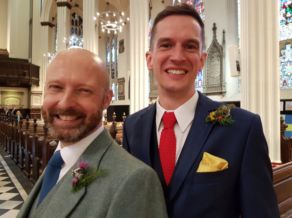 The gay couple were the first to marry in a church ceremony. (Twitter/St John’s Choir)