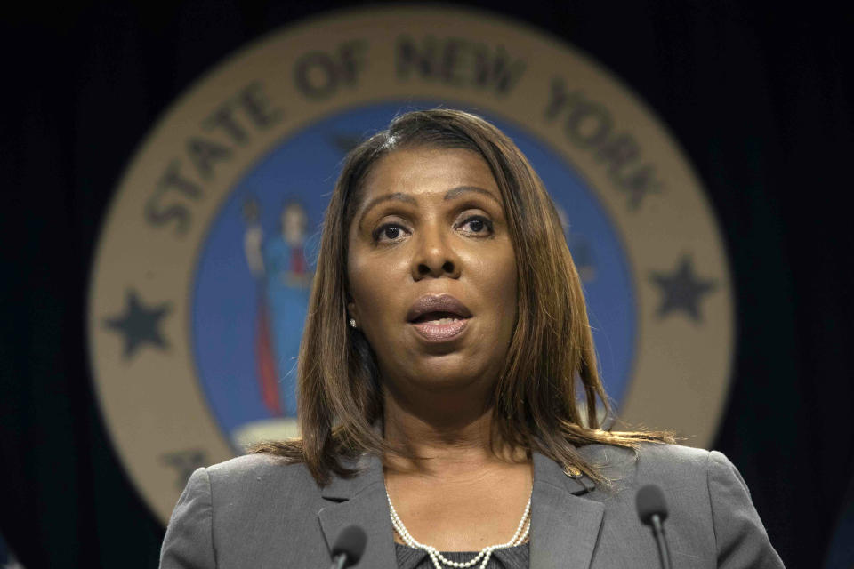 FILE - In this June 11, 2019, file photo New York Attorney General Letitia James speaks during a news conference in New York. A state-level antitrust investigation launched last month into Facebook now has the backing of a bipartisan group of 47 attorneys general, James said Tuesday, Oct. 22. (AP Photo/Mary Altaffer)