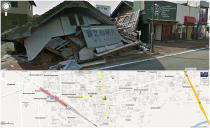 This screenshot from Google Maps shows a collapsed house is seen, top, in March, 2013, with its location pinpointed on a map below, in Namie, Japan, a nuclear no-go zone where former residents have been unable to live since they fled a radiation spewing from the Fukushima Dai-ichi nuclear power plant two years ago.
