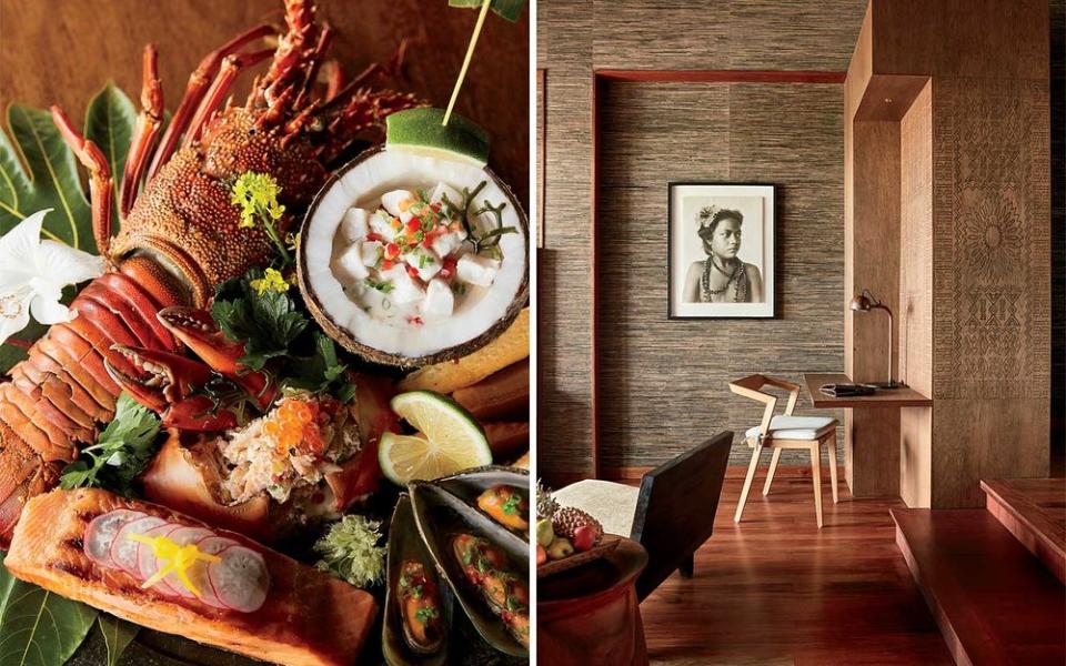 From left: The seafood platter at Vatuvara Private Islands showcases Fijian flavors like coconut, lime, and cilantro; a guest room at Six Senses Fiji.