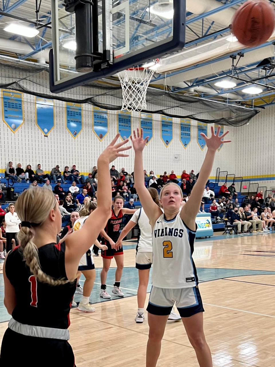 River Valley's Lexie Hecker defends the inbound pass from Pleasant's Olivia Pratt during Friday night's Mid Ohio Athletic Conference girls basketball game at River Valley.