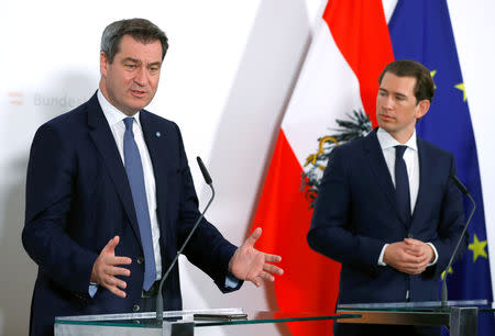 Premier of the German state of Bavaria Markus Soeder and Austrian Chancellor Sebastian Kurz address the media in Vienna, Austria May 3, 2019. REUTERS/Leonhard Foeger