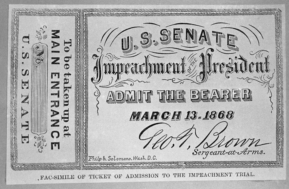 FILE - In this Feb. 15, 1974, a facsimile of a ticket used during the impeachment trial of Andrew Johnson is photographed in Washington. As House Democrats quickly move forward with impeachment proceedings against President Donald Trump, much remains unknown about how a Senate trial would a proceed, including what the charges would be. (AP Photo/Charles Tasnadi, File)