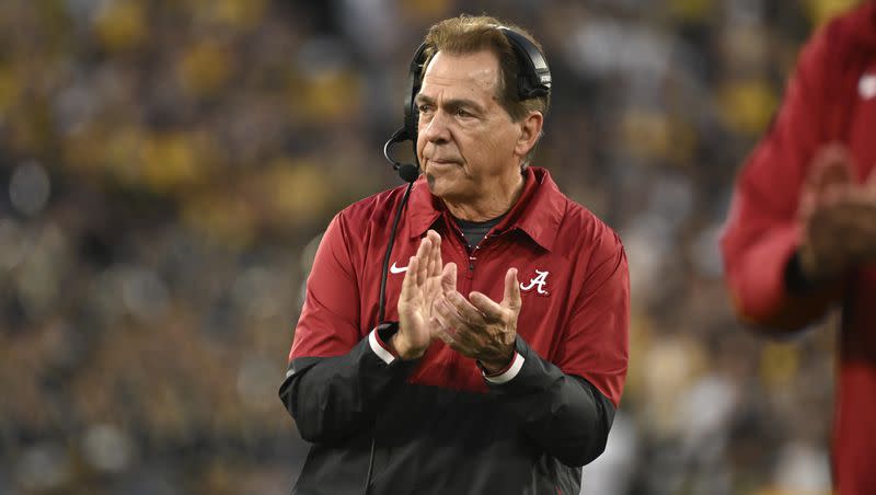 Alabama coach Nick Saban reacts after running back Jase McClellan (2) scores a touchdown against Michigan on Jan. 1, 2024, in Pasadena, Calif.