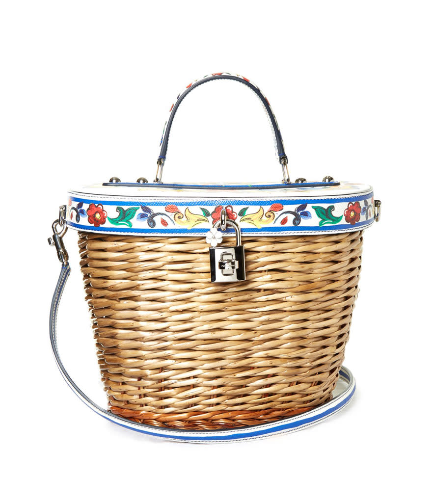 Dolce & Gabbana Majolica-print leather and wicker basket bag
