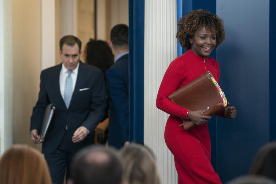 White House press secretary Karine Jean-Pierre and National Security Council spokesman John Kirby arrive for a press briefing at the White House, Monday, Feb. 13, 2023, in Washington. (AP Photo/Evan Vucci)