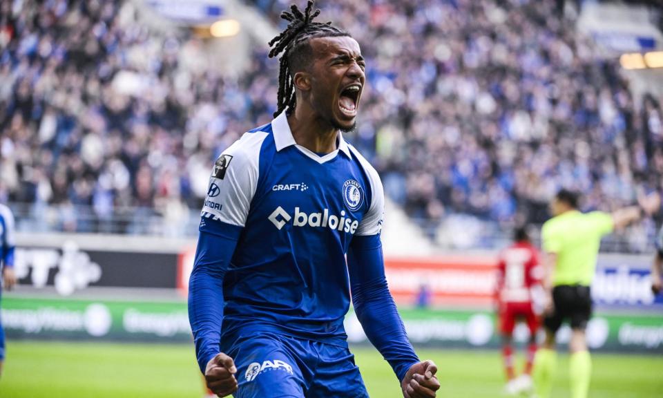 <span>Gent's Archie Brown celebrates after scoring a goal against Antwerp in February.</span><span>Photograph: Tom Goyvaerts/BELGA/AFP/Getty Images</span>