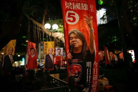 A banner depicting Hong Kong pro-democracy lawmaker "Long Hair" Leung Kwok-hung, candidate from League of Social Democrats for the Legislative Council election campaign is pictured in Hong Kong, China August 31, 2016. REUTERS/Tyrone Siu