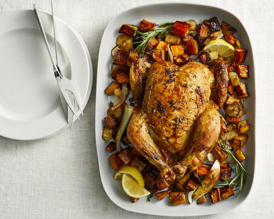 Whole Roasted Chicken with Sweet Potatoes, Fennel, and Apple