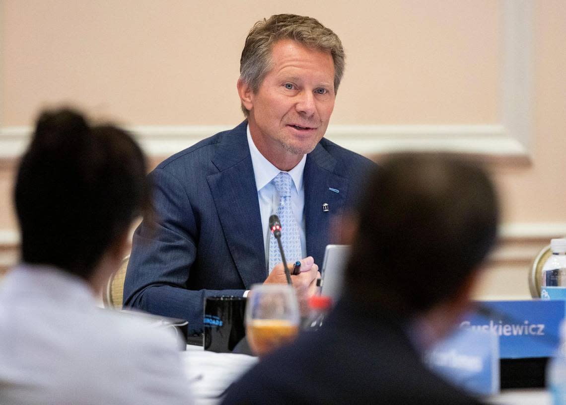 Chancellor Kevin Guskiewicz makes remarks during the UNC Board of Trustees meeting at the Carolina Inn, on Thursday, July 15, 2021, in Chapel Hill, N.C.