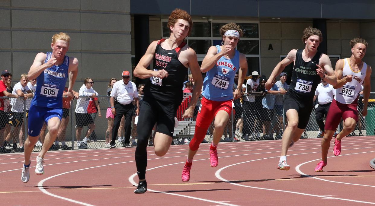 Brandon Valley junior Landon Dulaney (second from left) is one of eight runners who will compete in the Boys Special 200-Meter Dash on Friday, May 3, 2024 during the 99th Howard Wood Dakota Relays track and field meet at Sioux Falls.