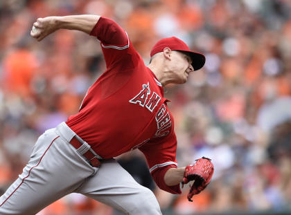 Los Angeles Angels starting pitcher Garrett Richards throws against the Baltimore Orioles on Sunday. (AP)