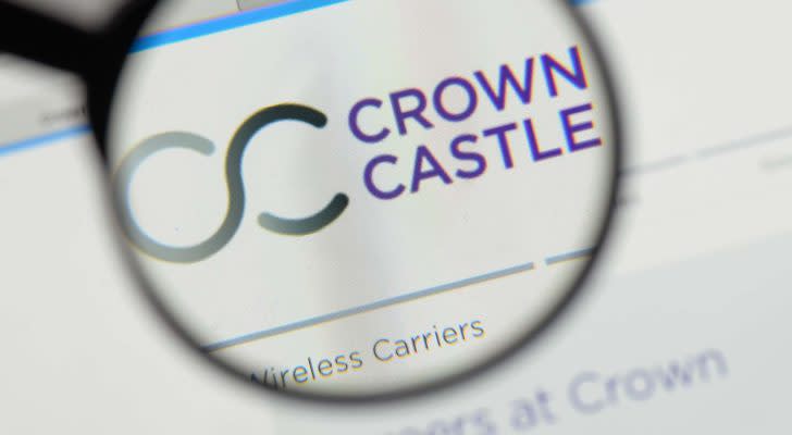 Image of Crown Castle (CCI) logo on a web browser highlighted through the lens of a magnifying glass