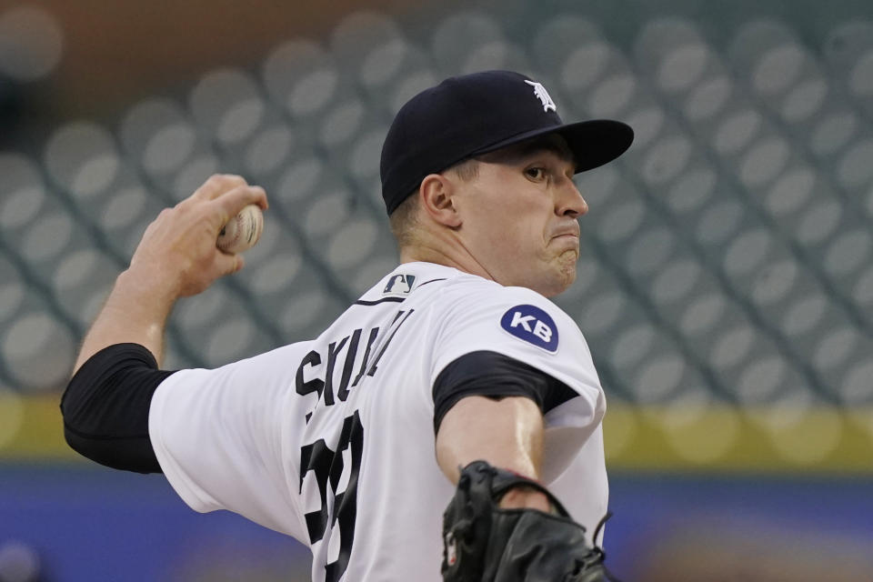 Detroit Tigers starting pitcher Tarik Skubal throws during the first inning of a baseball game against the Cleveland Guardians, Thursday, May 26, 2022, in Detroit. (AP Photo/Carlos Osorio)