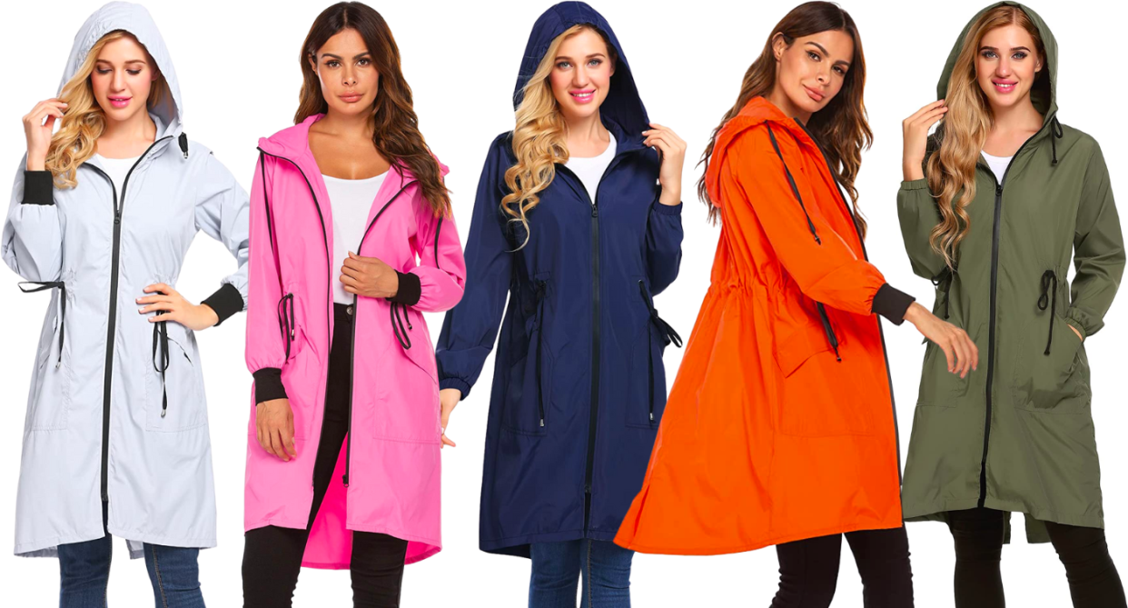 Models wear ELESOL Women Rain Jacket Waterproof Long Rain Coats Hooded Windbreaker Lightweight Raincoats Travel Hooded Trench Coats in grey pink navy orange and green