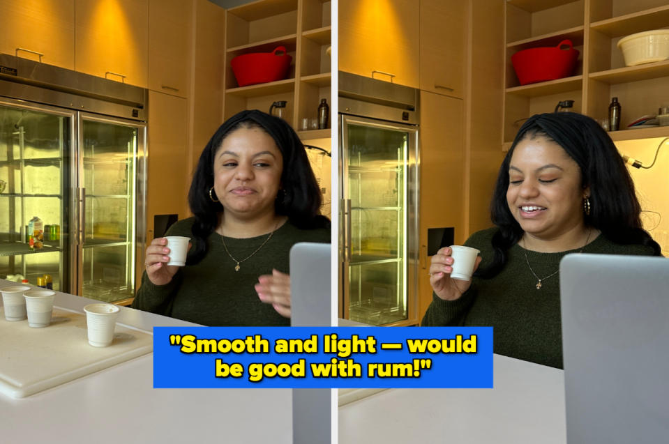 A tester drinking a cup of Diet Coke calling it "smooth and light — would be good with rum!"