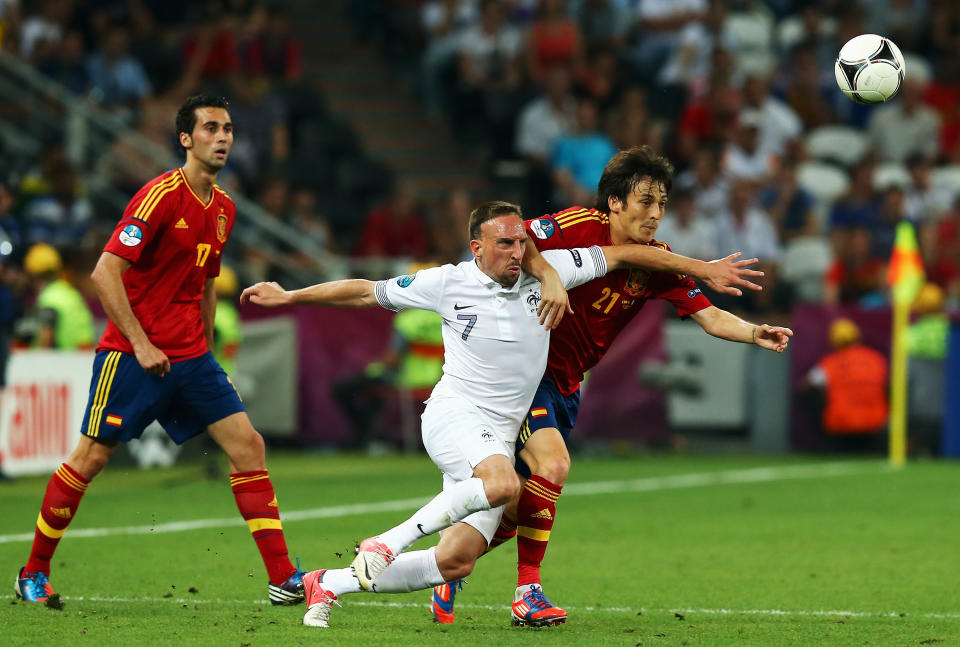 Franck Ribery of France and David Silva of Spain challenge for the ball during the UEFA EURO 2012 quarter final match between Spain and France at Donbass Arena on June 23, 2012 in Donetsk, Ukraine. (Photo by Martin Rose/Getty Images)