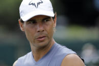 Spain's Rafael Nadal arrives for a training session ahead of the Wimbledon Tennis Championships in London, Sunday, June 30, 2019. (AP Photo/Ben Curtis)