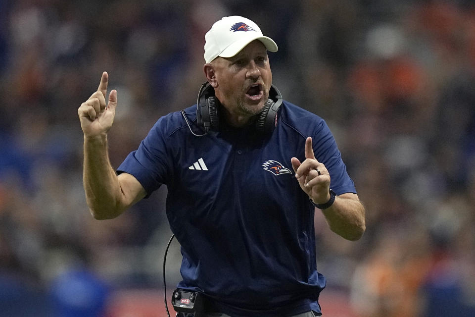 UTSA head coach Jeff Traylor argues a call during the second half of an NCAA college football game against Texas State, Saturday, Sept. 9, 2023, in San Antonio. (AP Photo/Eric Gay)