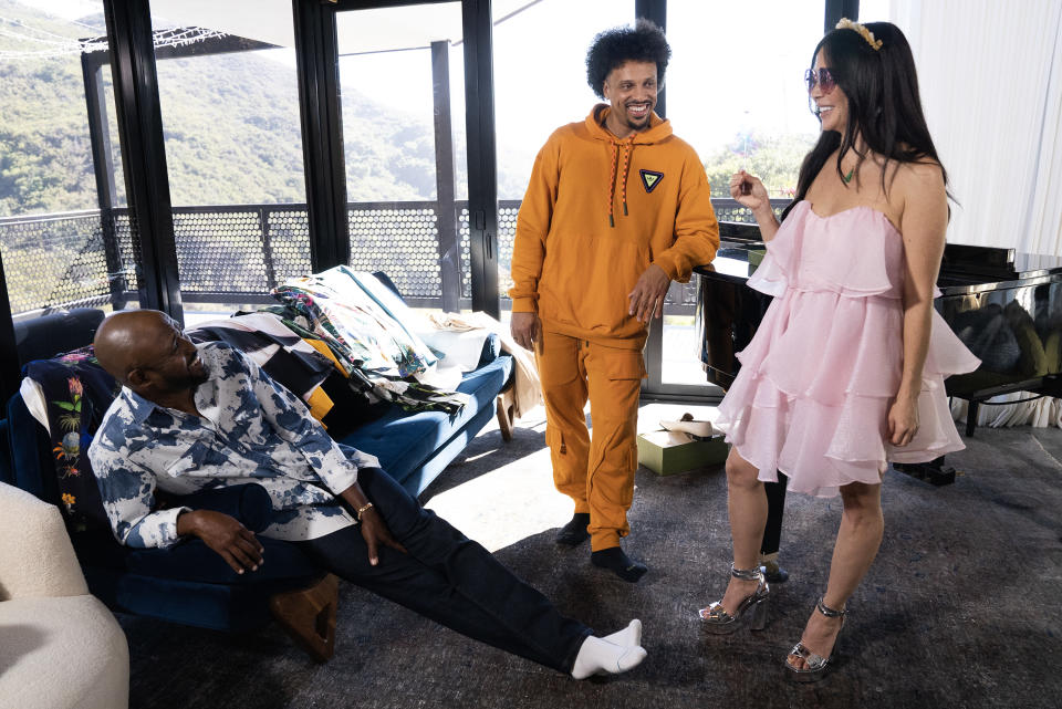 From left: Wayne Brady, Jason Fordham and Mandie Taketa at Taketa's house in Los Angeles. 