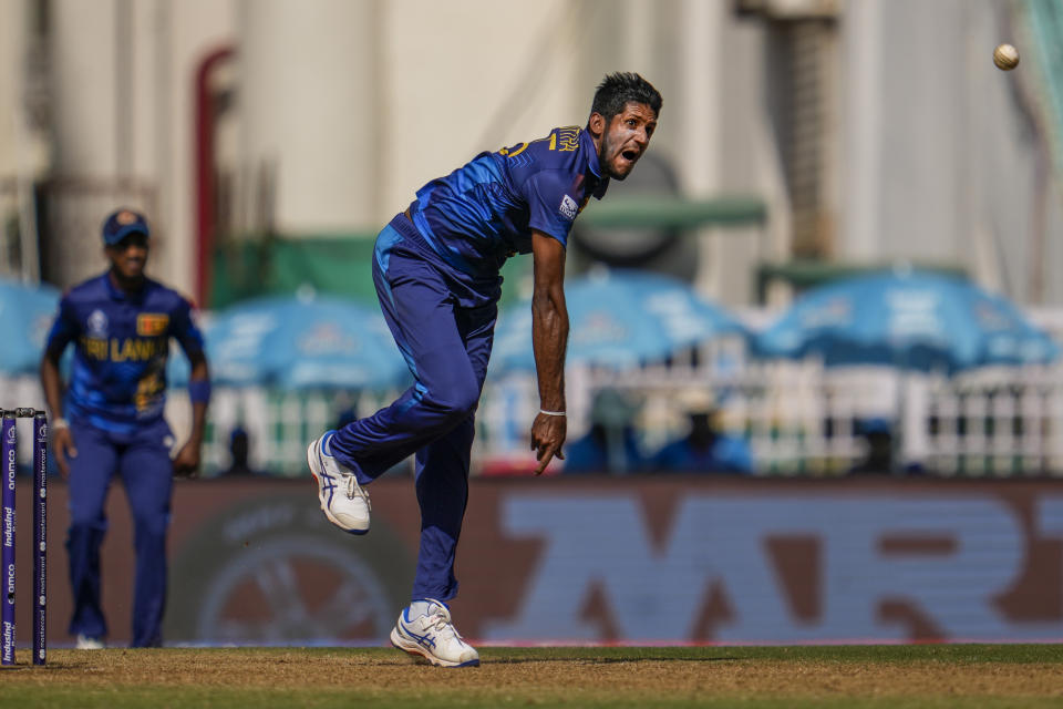 Sri Lanka's Kasun Rajitha bowls during the ICC Men's Cricket World Cup match between Sri Lanka and Netherlands in Lucknow, India, Saturday, Oct. 21, 2023. (AP Photo/Altaf Qadri)