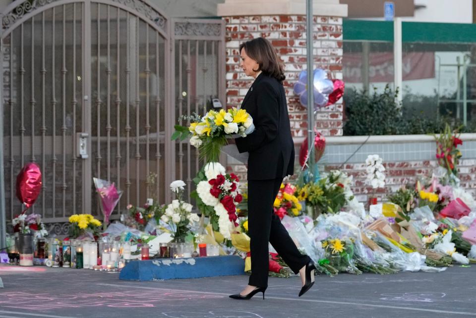 Vice President Kamala Harris visits the Star Ballroom Dance Studio in Monterey Park, California on Wednesday, Jan. 25, 2023. Harris visited the site of a shooting that claimed 11 lives to pay her respects and later met with the victims' families. 