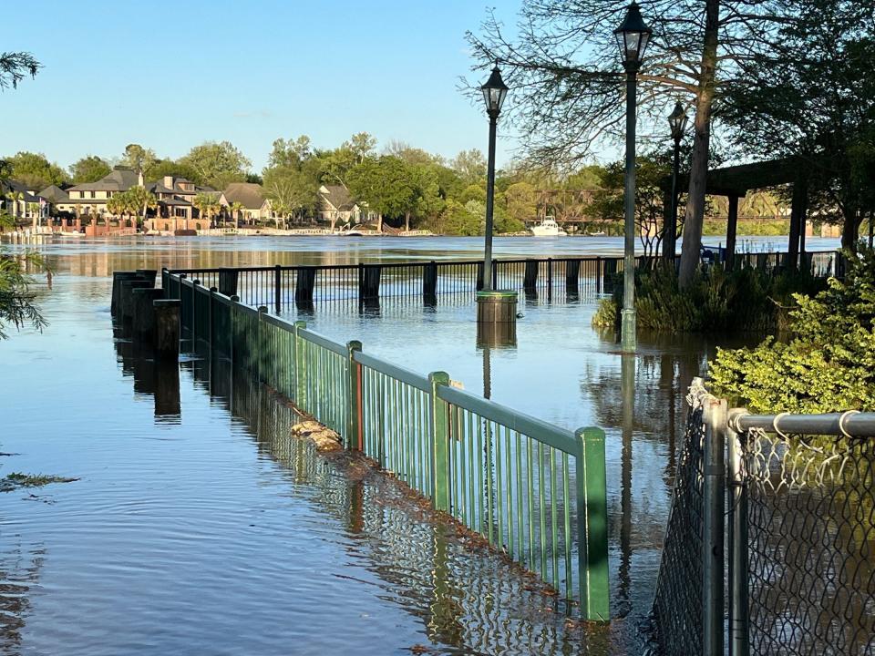 FILE - Riverwalk Augusta, public areas and boat ramps along the Savannah River were closed after heavy flooding due to the storms on April 6-7, 2022.