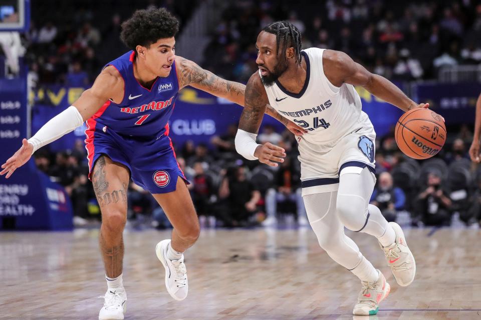 Pistons guard Killian Hayes defends Grizzlies guard Jaylen Nowell during the first half of the Pistons' 116-102 loss on Wednesday, Dec. 6, 2023, at Little Caesars Arena.