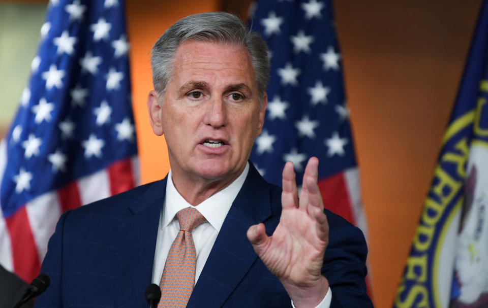 U.S. House Minority Leader Rep. Kevin McCarthy (R-CA) presides over a news conference about the Save Our Sequoias Act at the U.S. Capitol in Washington, U.S.,  June 23, 2022. REUTERS/Mary F. Calvert