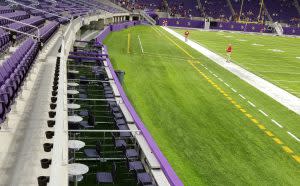A image of seating with close up views of all the Minnesota Vikings action at U.S. Bank Stadium.