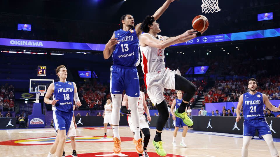 Japan's Yuta Watanabe goes to the hoop against Finland at the Okinawa Arena on August 27, 2023. - Kyodo News/Getty Images