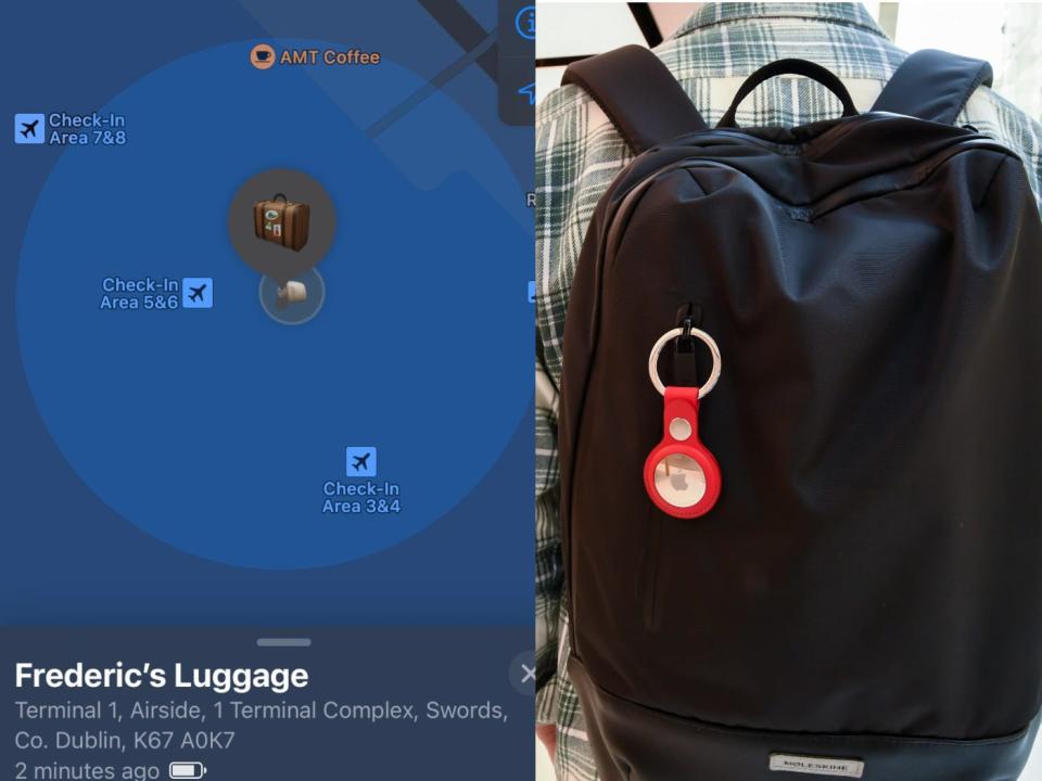 Left, a picture of Air Canada passenger Frédéric Harper's AirTag data. Right, an AirTag attached to a backpack.