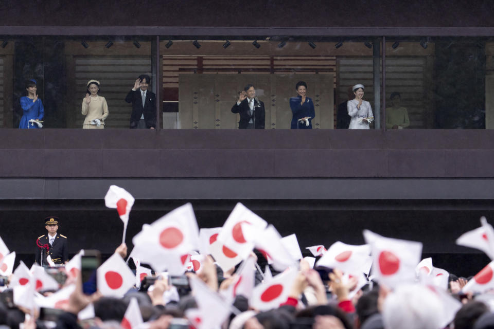 Princess Kako of Akishino, from left, Crown Princess Kiko and Crown Prince Akishino join Emperor Naruhito, Empress Masako and their daughter Princess Aiko waving to well-wishers from the balcony of the Imperial Palace in Tokyo on Friday, Feb. 23, 2024. Emperor Naruhito turns 64 on Friday. (Tomohiro Ohsumi/Pool Photo via AP)