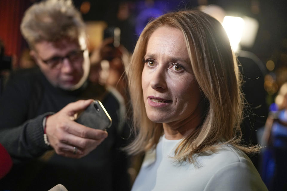 Prime Minister Kaja Kallas speaks to the media in Tallinn, Estonia, Sunday, March 5, 2023. Voters in Estonia cast ballots Sunday in a parliamentary election where initial results suggested the center-right Reform Party of Prime Minister Kallas. one of Europe's most outspoken supporters of Ukraine, was on its way to a landslide victory. (AP Photo/Sergei Grits)