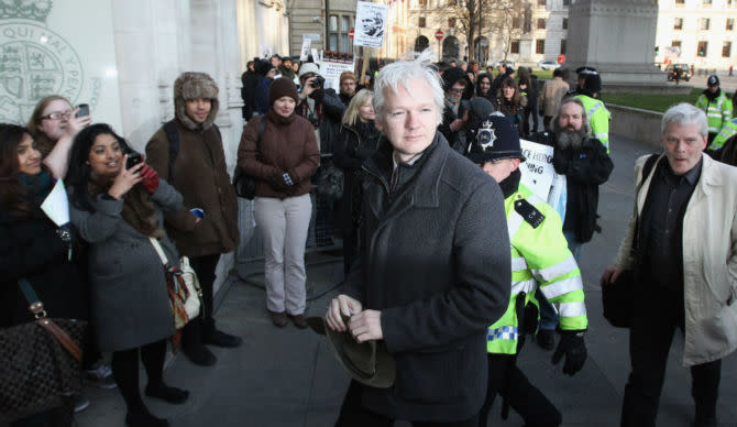 Julian Assange, founder of Wikileaks, outside Supreme Court in London