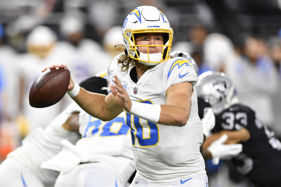 Los Angeles Chargers quarterback Justin Herbert is one of the preseason favorites to win NFL MVP.  (Photo by Chris Unger/Getty Images)