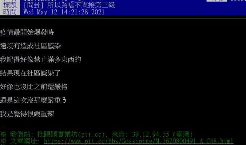 原PO質疑為啥不直接上升第三級警戒。（圖／翻攝自PTT）