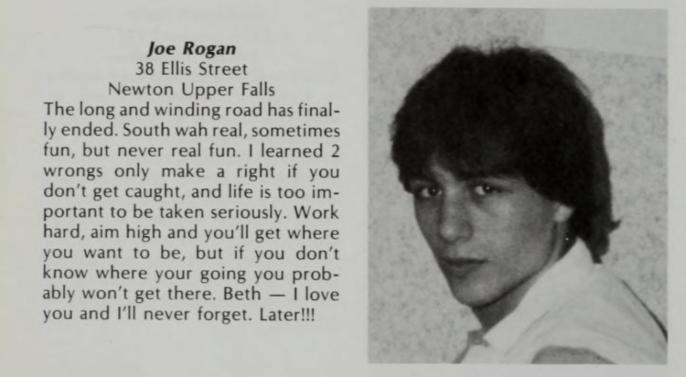 Spotify podcaster Joe Rogan pictured in his high school year book in 1985 (Newton South High School)