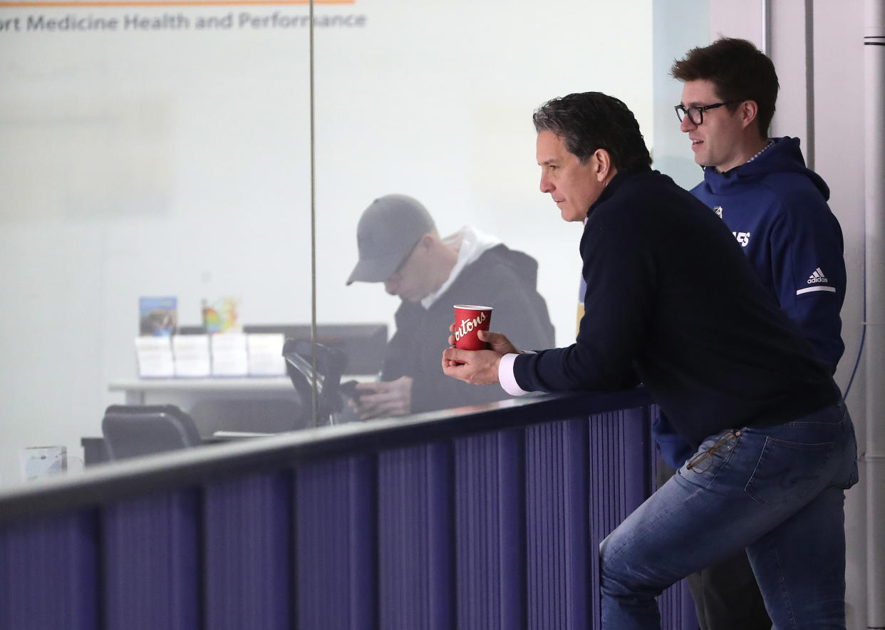 TORONTO, ON- APRIL 16  -  Brendan Shanahan and Kyle Dubas chat was they watch the Toronto Maple Leafs practice before game four against the Boston Bruins in their first round play-off series  in Toronto. April 16, 2019.        (Steve Russell/Toronto Star via Getty Images)