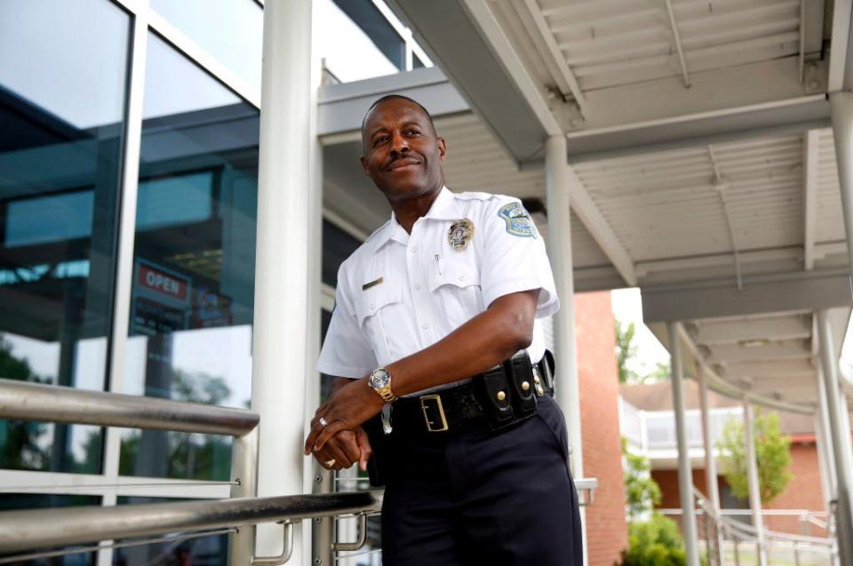 Delrish Moss poses for a portrait on May 9, 2016, in Ferguson, Missouri. Moss was sworn in that month as Ferguson's first Black police chief and said he hoped to diversify the mostly white department as it rebounds from the fallout of months of unrest that followed the fatal 2014 police shooting of Michael Brown.