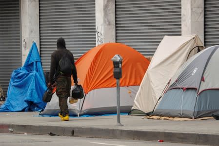 Tents and tarps erected by homeless people are shown along the sidewalks in the skid row area of downtown Los Angeles, California