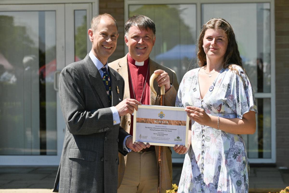 The Duke of Edinburgh presents Beatrice White with the Bishop of Norwich's Sustainable Environment Young Employee of the Year award at the Royal Norfolk Show <i>(Image: Sonya Duncan)</i>