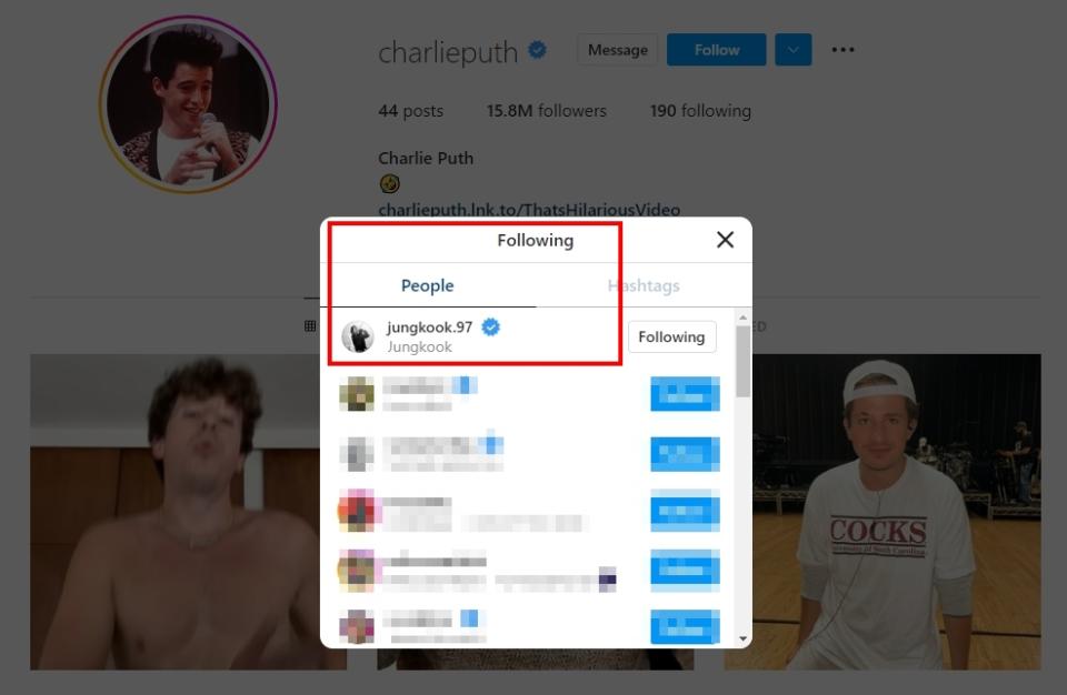 有網友發現，CP查理和經常合作的MV導演都低調地追蹤了柾國的IG。（圖／翻攝自IG）