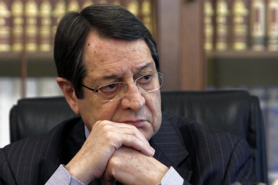 Cyprus' President Nicos Anastasiades listens during an interview with Associated Press at his office in the presidential palace in capital Nicosia, Cyprus, on Monday, Feb. 17, 2014. Cyprus’ president says an agreement reunifying the ethnically-divided island nation would allow energy hungry Turkey to be supplied with newly found Cypriot and Israeli natural gas and would contribute to mending broken-down relations between Ankara and Tel Aviv. (AP Photo/Petros Karadjias)